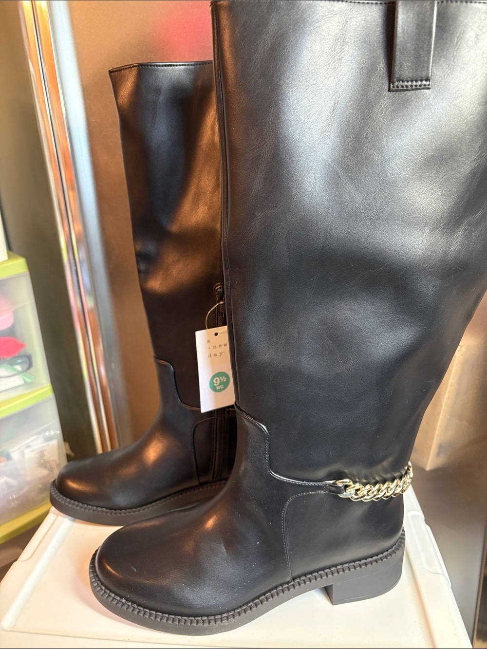 A New Day Black Tall Riding Boots with Gold Chain Accent
